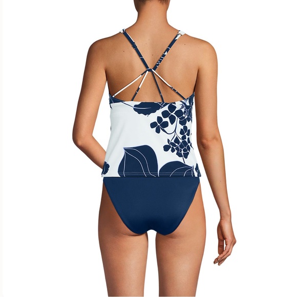 Lands' End Tugless high neck strappy back tankini Navy and White Floral 2 PIECE - Picture 5 of 6